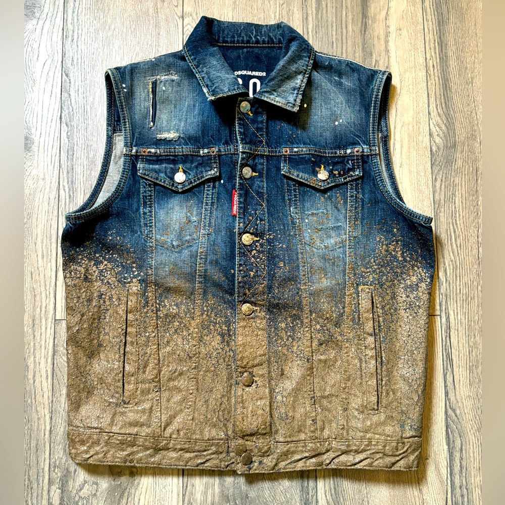 DSQUARED² ICON RUNWAY WASHED BLUE DENIM PAINT MUD COVERED VEST S 52